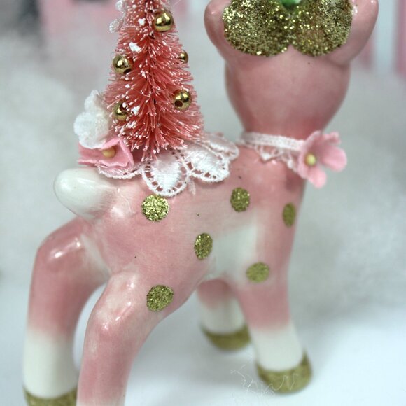 Pink Deer & Bottle Brush Tree Figurine: Vintage Style Christmas Decor - Picture 7 of 10